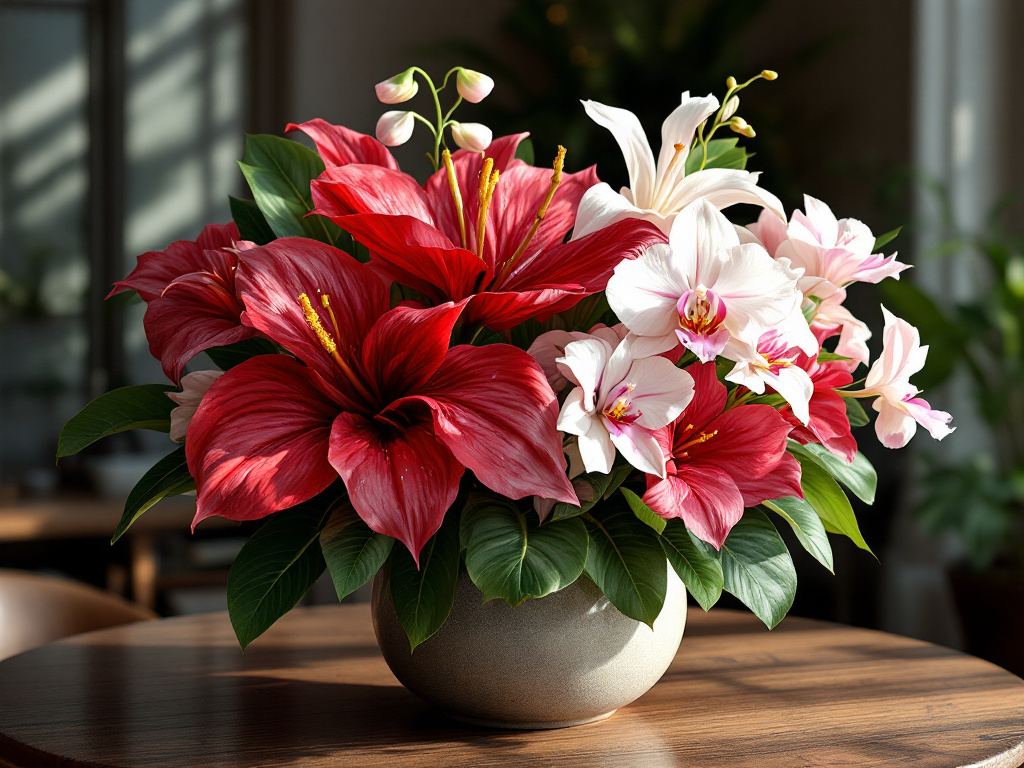 Tropical flowers and orchids in flower arrangements centerpieces