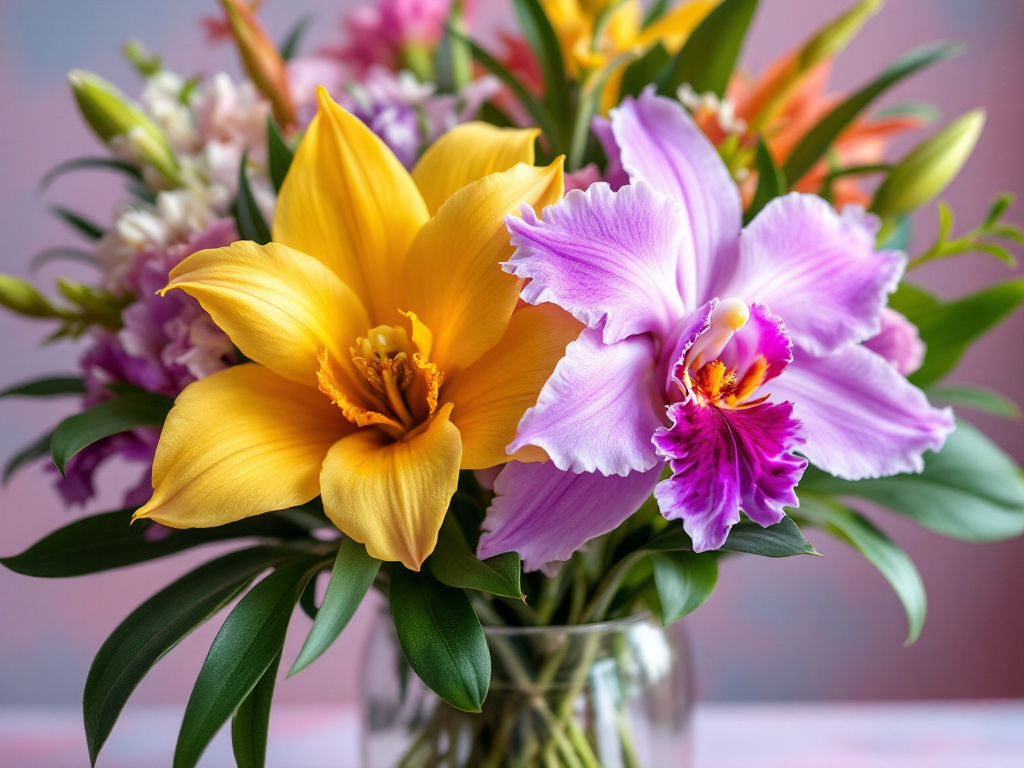 Tropical flowers and orchids in flower arrangements centerpieces