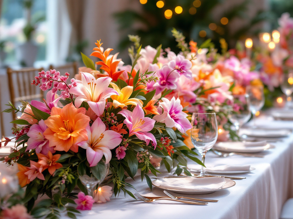 Tropical flowers and orchids in flower arrangements centerpieces