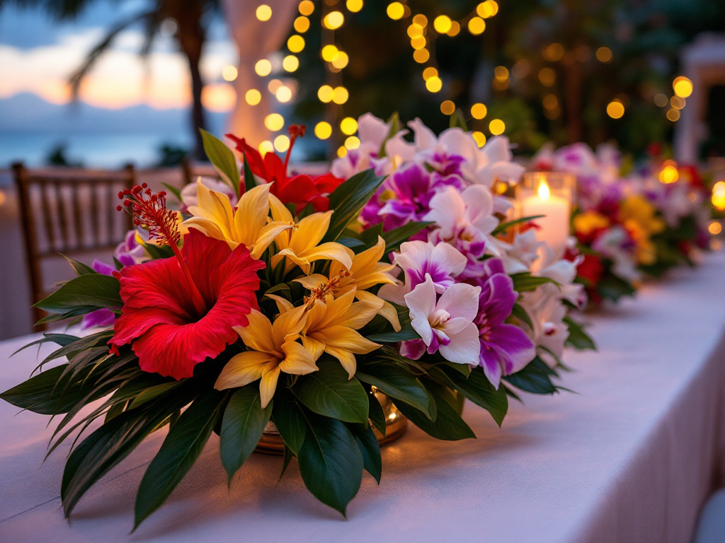 Tropical flowers and orchids in flower arrangements centerpieces