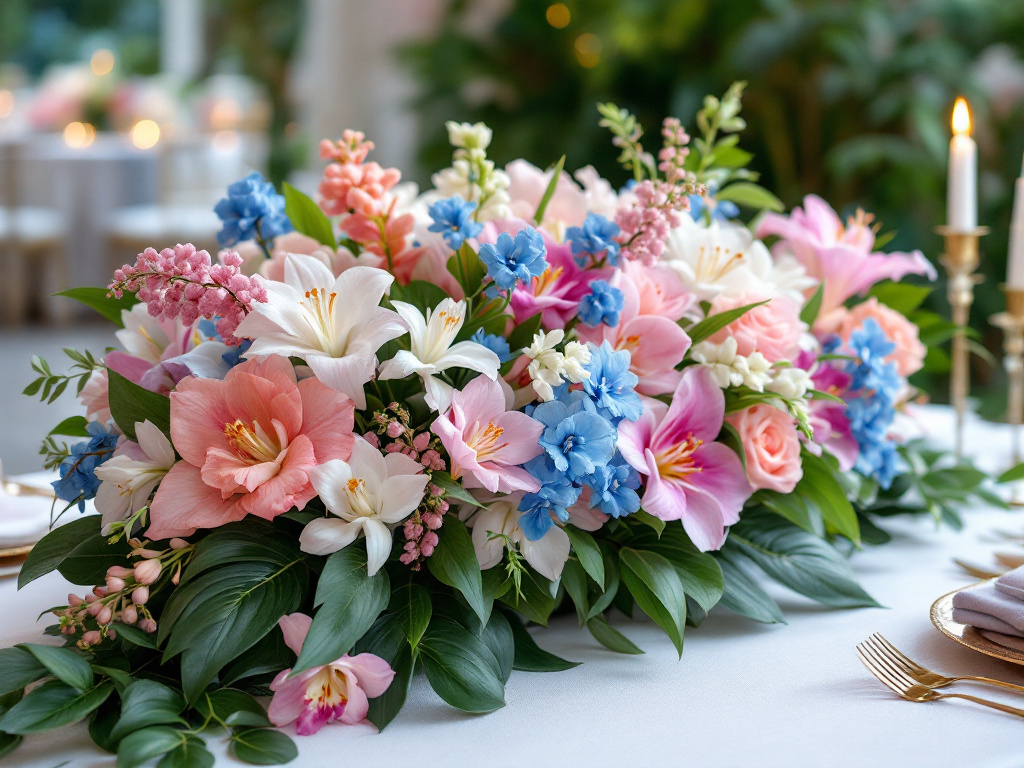 Tropical flowers and orchids in flower arrangements centerpieces
