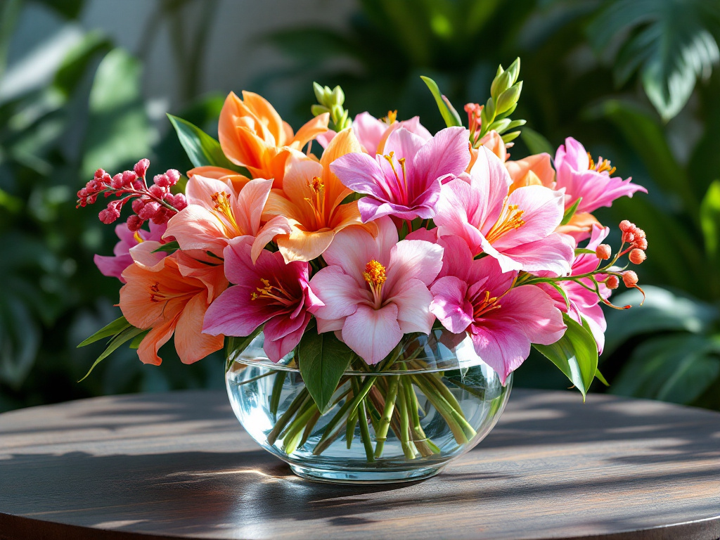 Tropical flowers and orchids in flower arrangements centerpieces