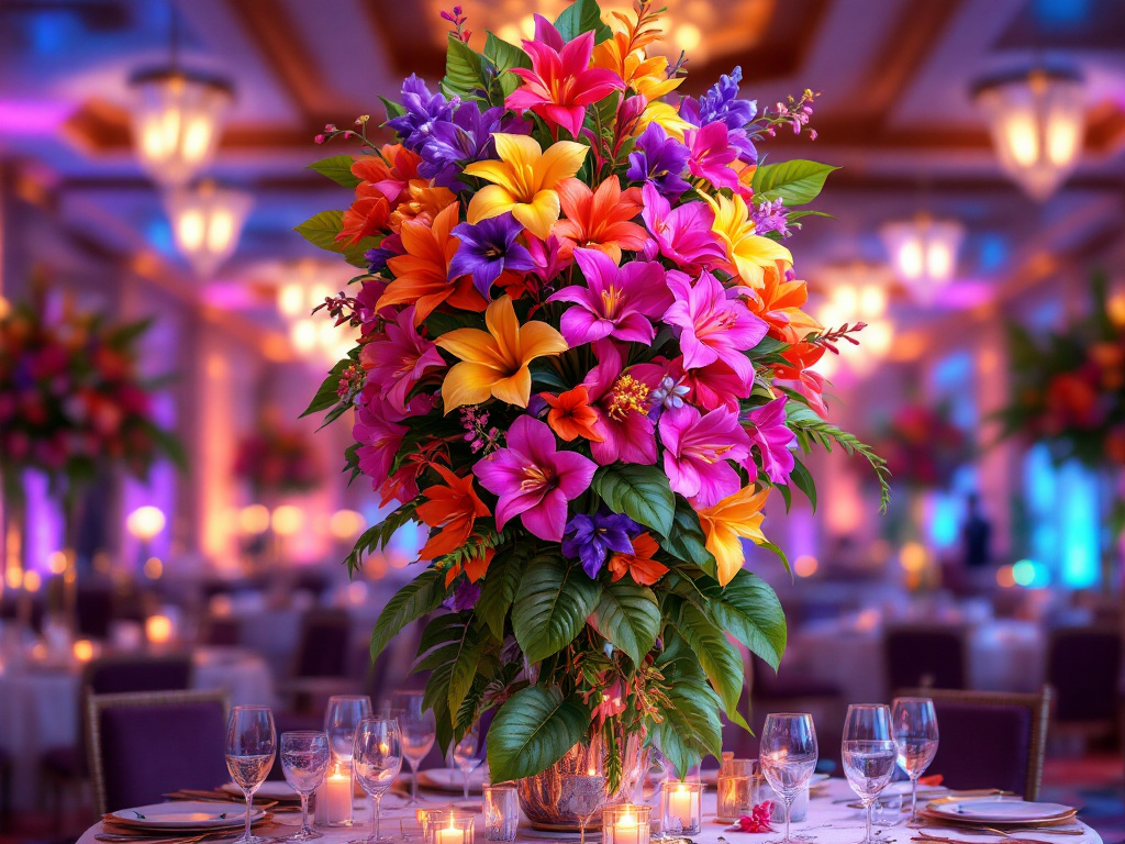 Tropical flowers and orchids in flower arrangements centerpieces