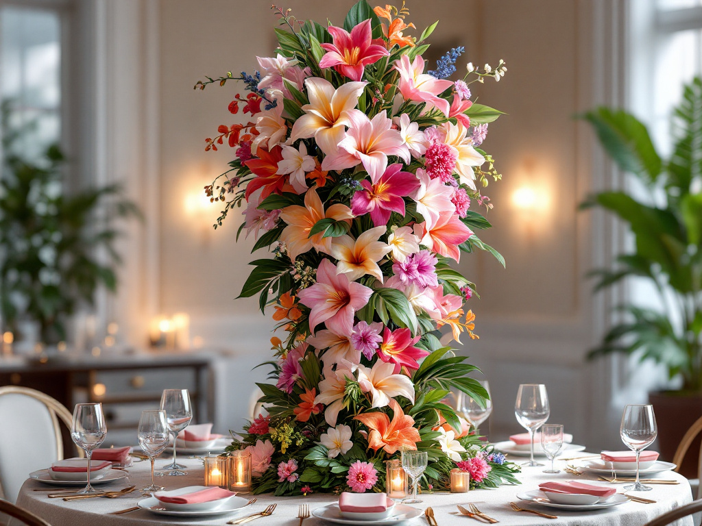 Tropical flowers and orchids in flower arrangements centerpieces