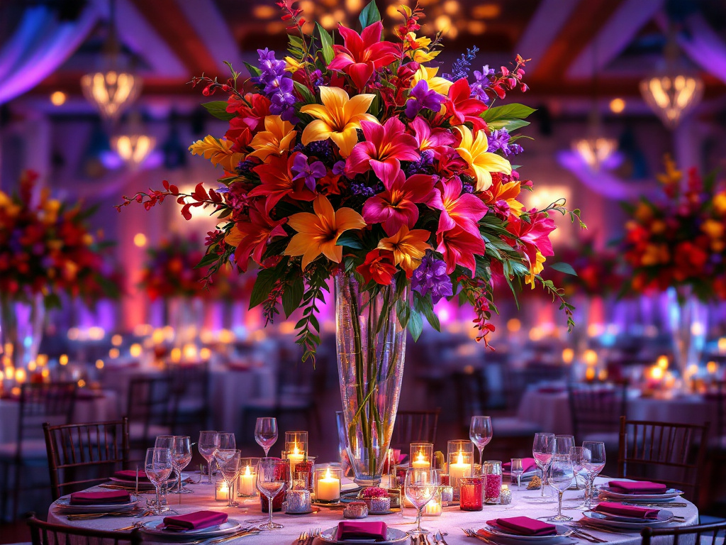 Tropical flowers and orchids in flower arrangements centerpieces