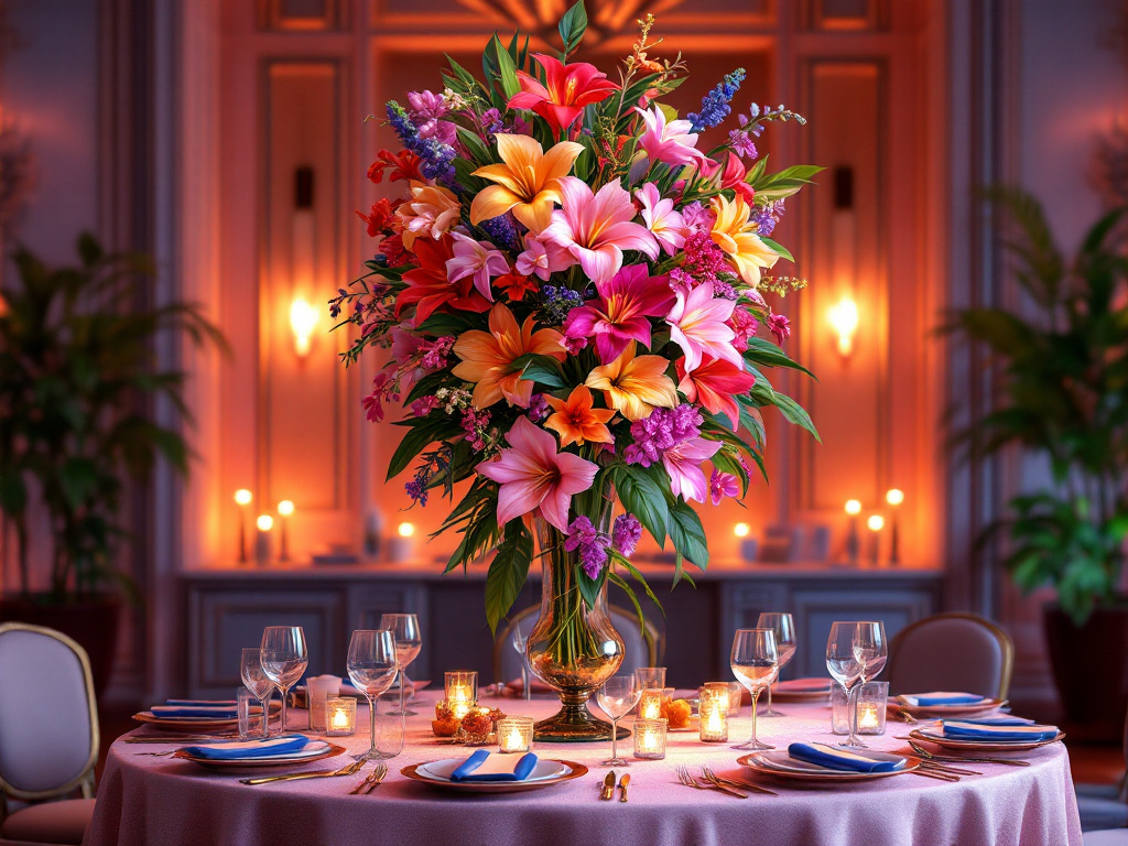 Tropical flowers and orchids in flower arrangements centerpieces